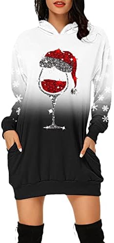 NOKMOPO Коледна Пола Дамска Мода Коледен Принт Джобове С Дълъг Ръкав Блузи Рокля-Пуловер