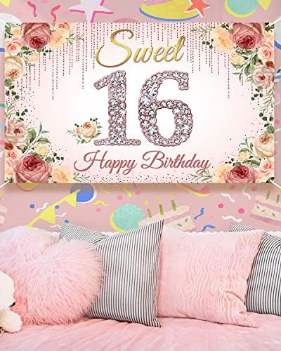 HTDZZI Сладки Украшения за рождения Ден на 16, Розово-Златен Фон честит Рожден Ден 16th Банер за Момичета, Розов