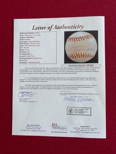 Уили Мейс, с автограф (Писмо от JSA), Официален представител на NL по бейзбол (Рядък / Ретро) - Бейзболни топки
