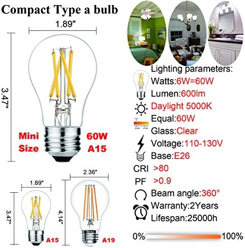LiteHistory Комплект от лампи E12 Candelabra Неутрален Бял цвят 4000 До и лампи A15 Edison Дневна светлина 5000 До E26 Led Лампа 6 W = 60 W AC120V 600lm за монтаж на таван, вентилатор, Тоалетна масичк?