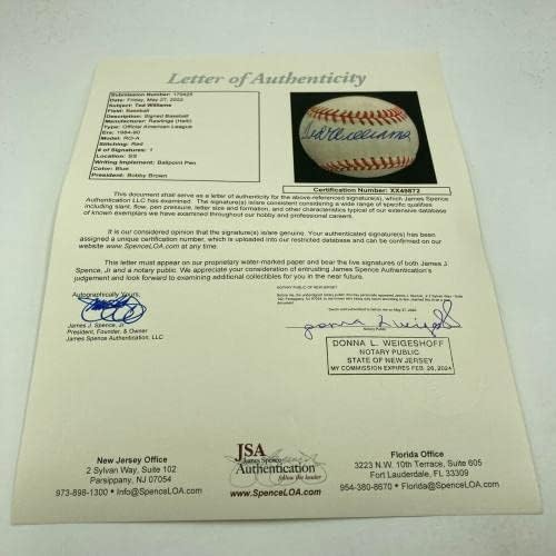 Мента Тед Уилямс подписа Договор с Официалната Американската лига бейзбол JSA COA Beautiful - Бейзболни топки