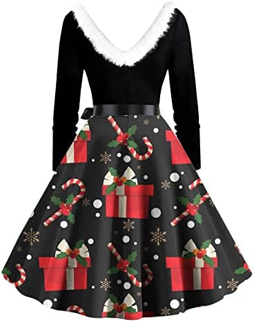Пушистое Коледна Рокля за жените, Винтажное Коледна Рокля на 1950-те Години, с дълъг ръкав и V-образно деколте,