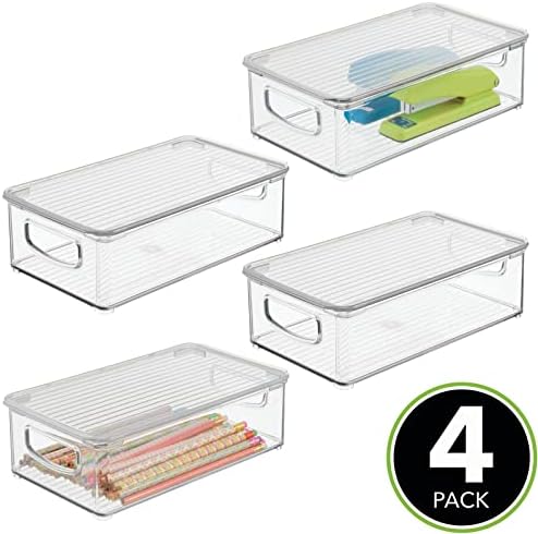 Пластмасов контейнер за съхранение на mDesign с капак и вградени дръжки - Органайзер за химикалки, моливи и работни пособия за Домашния офис, шкаф или на масата, колекц?
